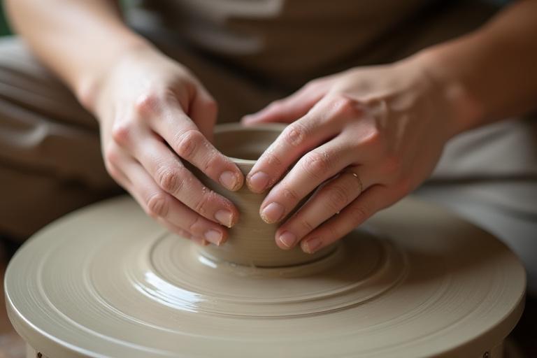 陶芸の車輪で集中して土をこねる手元